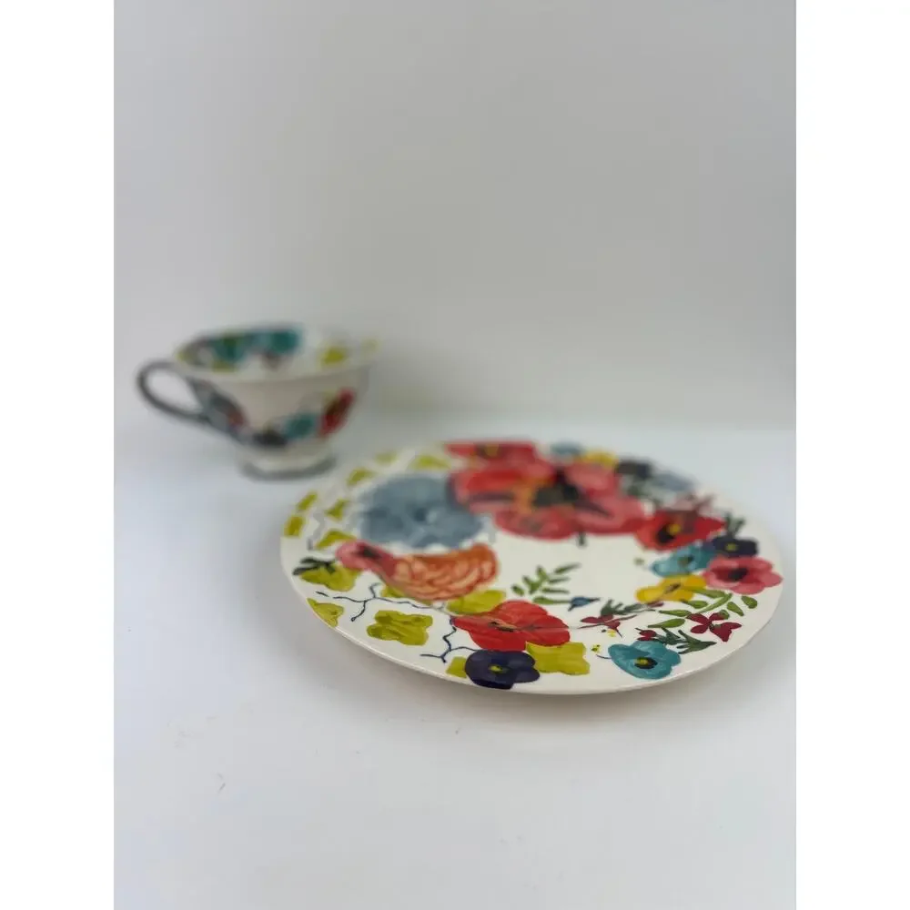 Anthropologie Estudio Flores Floral Tea Cup and Saucer Bright Floral Handpainted